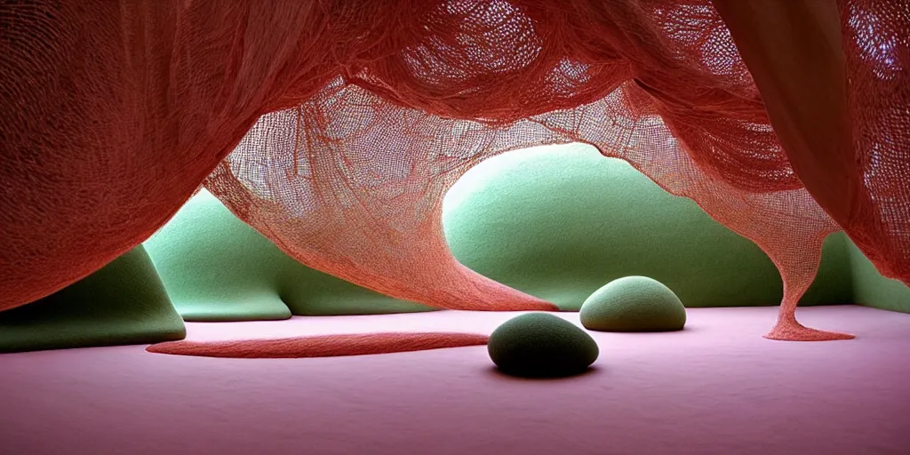 Image similar to soft biomorphic structures out of stocking - like material and nets that fills with various objects like spices, sand and shells by ernesto neto, dusty pink with light - mint color, film still from the movie directed by denis villeneuve with art direction by zdzisław beksinski, telephoto lens, shallow depth of field