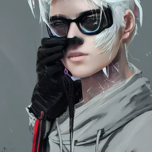 Image similar to very cool girl white hair girl with mask, streetwear, techwear, cyberpunk style outfit, full body, nose piercing, detailed portrait, intricate complexity, by greg rutkowski, cushart krentz, artgerm, ross tran, conrad roset, takato yomamoto, ilya kuvshinov. 4 k, beautiful, cinematic dramatic atmosphere