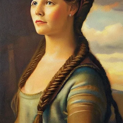 Prompt: a beautiful portrait of a princess with blonde fishtail braids, highly detailed and highly realistic oil painting.