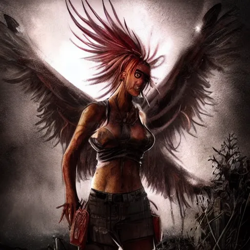 Image similar to post-apocalyptic female phoenix, dark ambiance, realism,