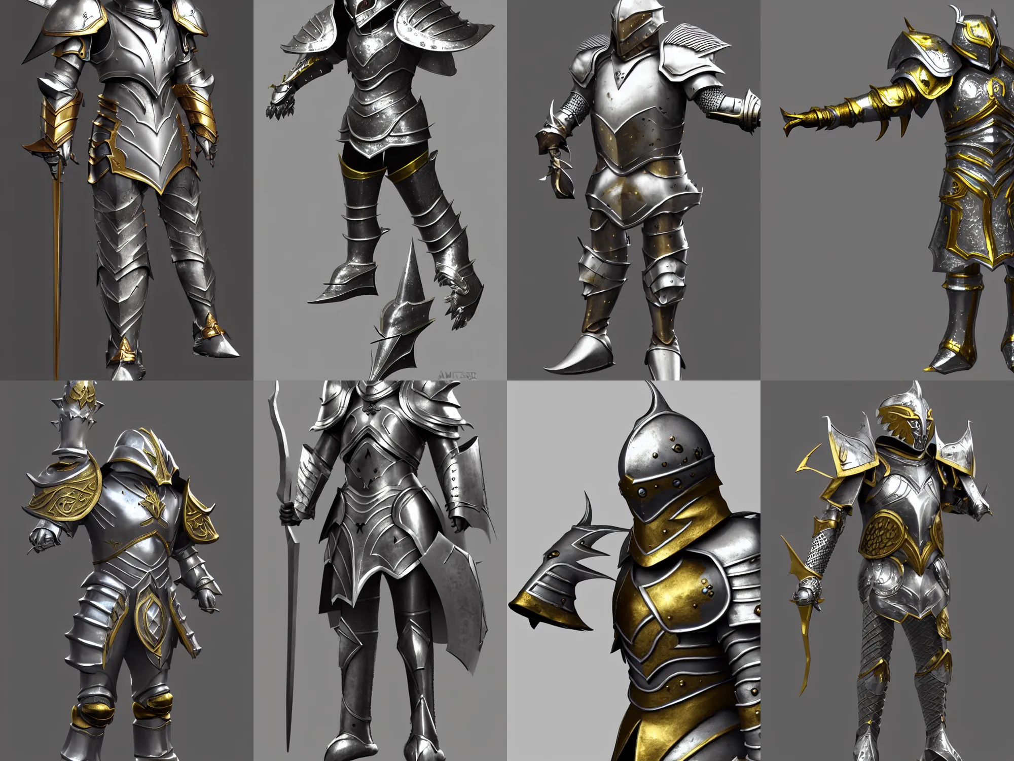 Prompt: render of awesome fantasy armor, silver with gold trim, huge pauldrons, medieval fantasy, extremely clean, flat shading, exaggerated proportions, trending on Artstation, heroic fantasy character concept, HD Octane render, 8k