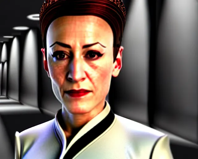 Image similar to hyper realistic photograph of the young bajoran kira nerys from star trek, three quarter shot, medium shot, f 1. 4, 3 5 mm, unreal engine