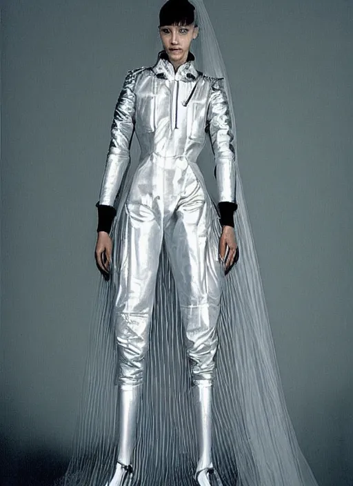 Image similar to an early 0 0's digital portrait of a beautiful girl detailed features wearing a pilot latex suit wedding dress - chic trend. lots of zippers, pockets, synthetic materials, jumpsuits. by balenciaga and issey miyake by ichiro tanida and mitsuo katsui