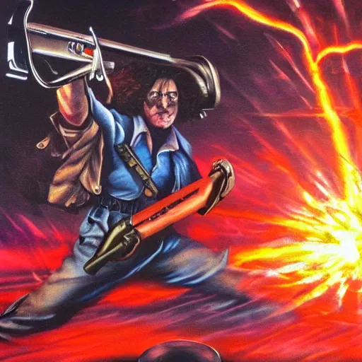 Image similar to high fantasy 1 9 8 0's wargame airbrushed artwork, an american senator overcome by dark mysterious energy, red glowing evil possessed eyes, waving a chrome revolver