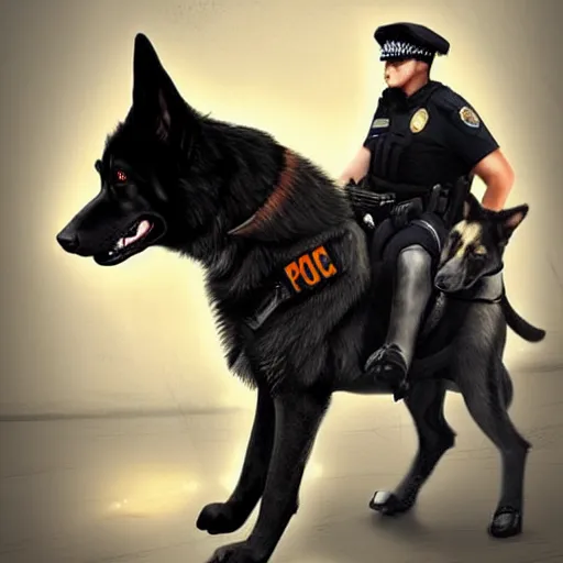 Image similar to police officer riding a giant German shepherd in the city, trending on artstation