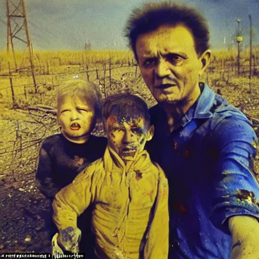 Image similar to selfie of the last surviving ukrainian with children with evil faces, wild pain and damage to the body burns alive to the bone, painted in dirty yellow - blue colors, a huge nuclear explosion is approaching in the background, corpses and skeletons are everywhere, the earth is on fire, smoke and radioactive rain