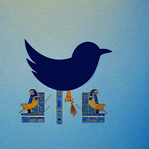 Prompt: Ancient egyptian version of the Twitter logo, hieroglyphic, blue bird, inspired by Horus, Egyptian, very dramatic, moody lighting, UHD, beautiful, ultra realistic, epic, 8k render, Octane render