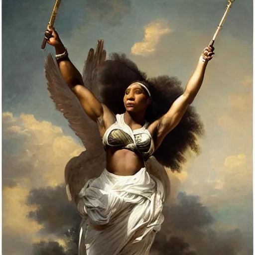 Image similar to Serena Williams as Nike Goddess portrait, wings, luxuriant, dreamy, eternity, romantic, highly detailed,in the style of Franz Xaver Winterhalter, highly detailed,in the style of Aetherpunk