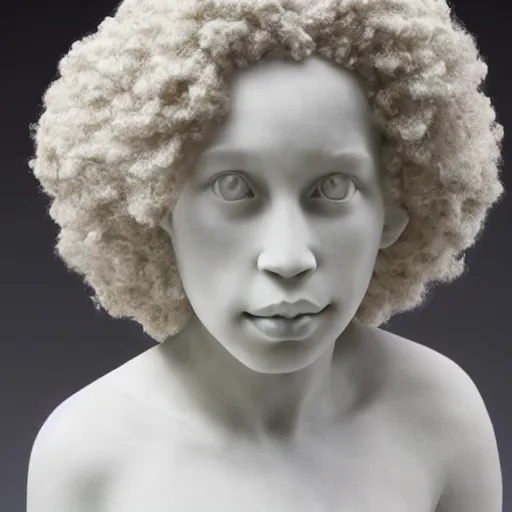 Prompt: a photorealistic all white marble sculpture of a black girl with a white afro