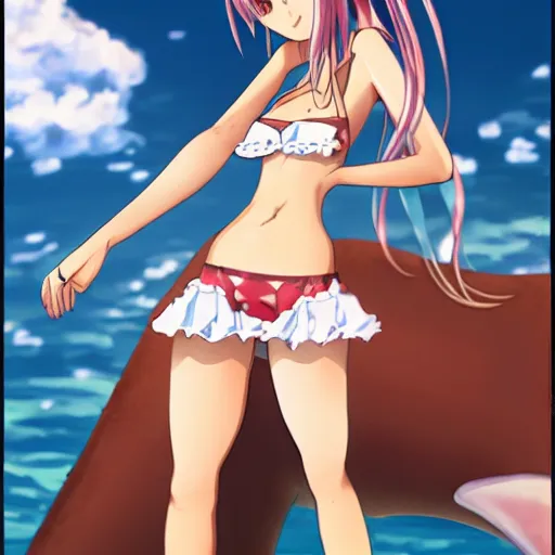 Image similar to a woman in a bikini top and skirt standing next to a whale, a character portrait by Jin Homura, featured on pixiv, mingei, booru, official art, pixiv