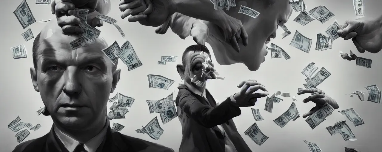 Image similar to duotone white concept 3 / 4 portrait of vincent mcmahon counting and smelling pack of dollars. accidental renaissance. concept by stanley kubrick dr strangelove style and sergey kolesov and ruan jia and heng z. graffiti art, scifi, fantasy, hyper detailed. octane render. trending on artstation