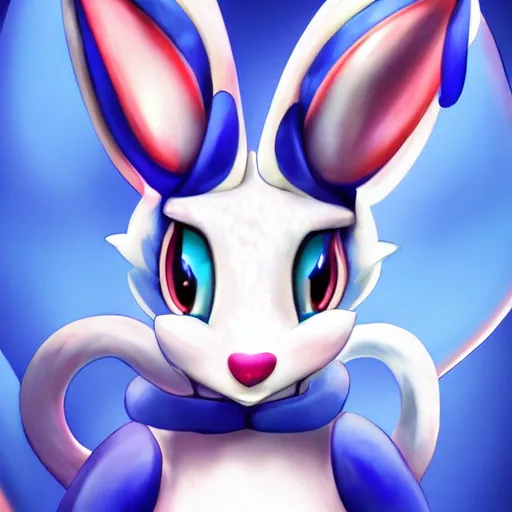 Prompt: aesthetic portrait of a shiny blue sylveon, hyperrealistic, artstation, 4 k, ultra detailed digital art