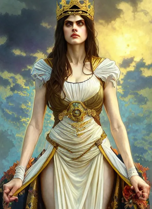 Image similar to alexandra daddario as queen, incredibly detailed face, light half opened dress, true anatomy, art by artgerm and greg rutkowski and alphonse mucha