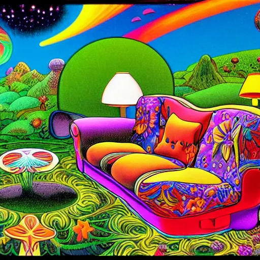 Image similar to psychedelic trippy couch in the lush forest, planets, flowers, mushrooms milky way, sofa, cartoon by carl barks