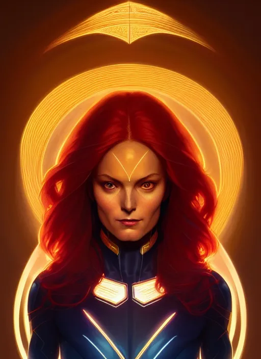 Image similar to symmetry portrait of jean grey from 9 0 s x - men, glowing lights, intricate, elegant, highly detailed, digital painting, artstation, concept art, smooth, sharp focus, illustration, art by artgerm and greg rutkowski and alphonse mucha