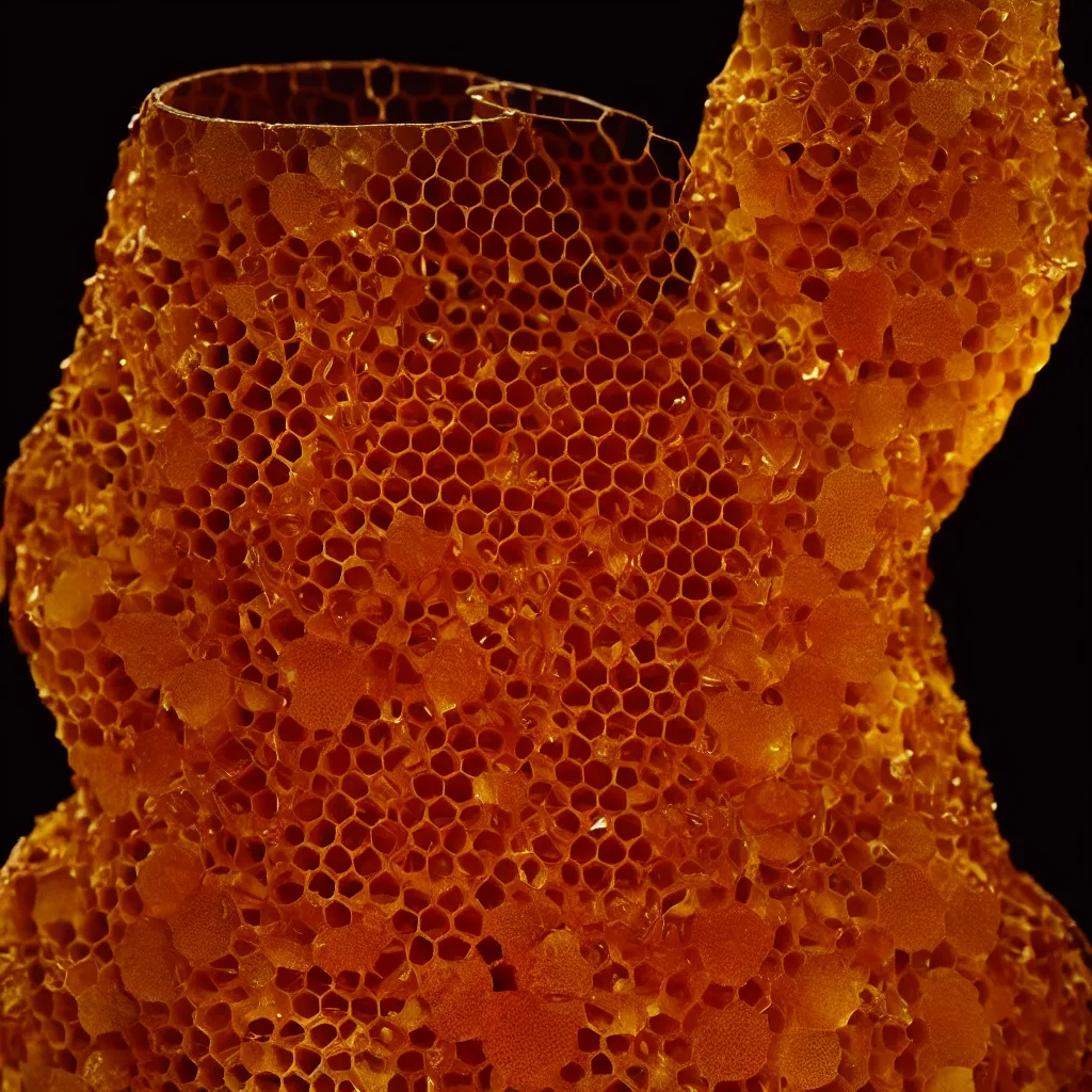 Prompt: real honeycomb vase with honey traditional shape design by tomas gabzdil libertiny, product design, film still from the movie directed by denis villeneuve with art direction by zdzisław beksinski, telephoto lens, shallow depth of field