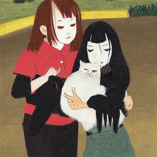 Image similar to Two girls struggling to hold a very angry and annoyed cat who is attempting to flee, painting by Yoshitomo Nara