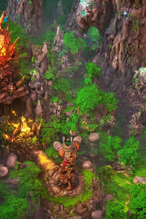 Image similar to zelda fantasy art giant golem troll wood rock greeble gemstone enchanted forest, global illumination ray tracing hdr fanart arstation by sung choi and eric pfeiffer and gabriel garza and casper konefal bastion forged hardmesh lisa frank zbrush central radiating a glowing aura global illumination ray tracing hdr