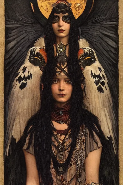 Prompt: a goth shaman with the head of a raven, by Annie Swynnerton and Nicholas Roerich and John Bauer and John William Godward and Donato Giancola and Vermeer, black leather and embroidered velvet, iridescent beetles, rich color, dramatic cinematic lighting, featured on Artstation, extremely detailed