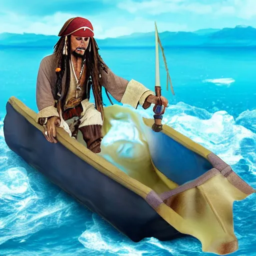 Prompt: Jack Sparrow on a paper boat in the middle of an ocean made out of slime