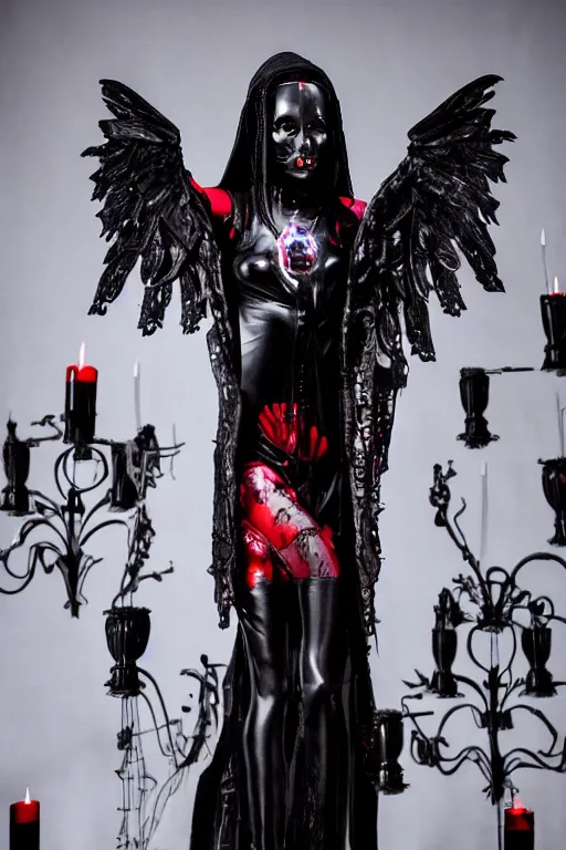 Prompt: full-body cyberpunk style sculpture of a young beautiful dark priestess, half android with a head opening exposing circuitry, glowing red eyes, black roses, flowing blood-red colored silk, fabric, candles. baroque elements, human skulls. full-length view. baroque element. intricate artwork by Caravaggio. crows flying in background. Trending on artstation, cinematic lighting from the right, hyper realism, octane render, 8k, depth of field, 3D