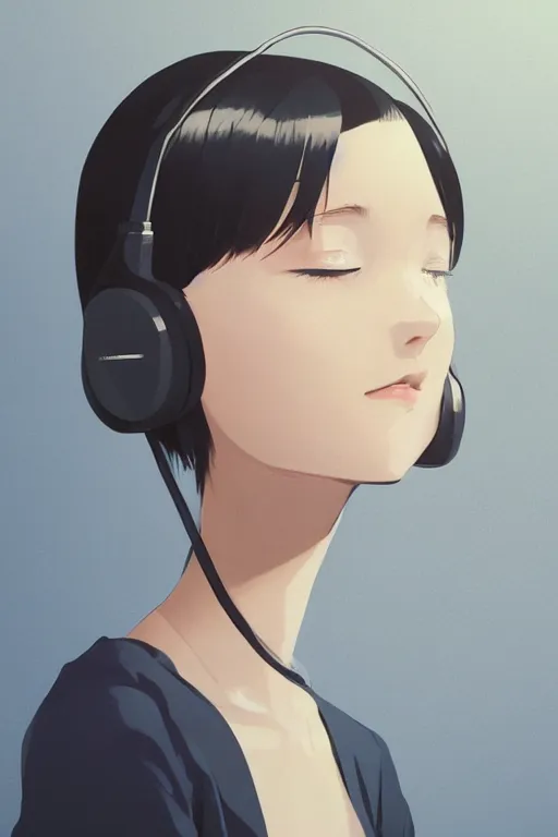 Prompt: a cute young woman listening to music with her eyes closed and wearing headphones in the style of Ilya Kuvshinov and Range Murata, white bob cut hair, darkened room background, blue filter, blue and white, soft lighting, atmospheric, cinematic, moody, digital painting, 8k