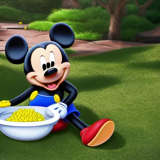 Image similar to mickey mouse eating corn in a zen garden, in the movie star wars