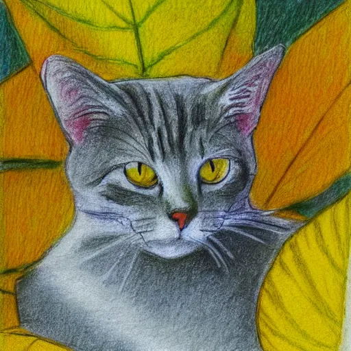 Prompt: a yellow cat near a yellow leaf, colorful drawing, pencil, impressionist