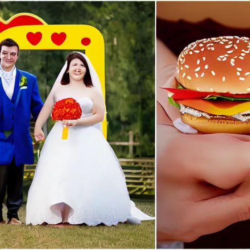 Prompt: Wedding between Ronald McDonald and the Burger King