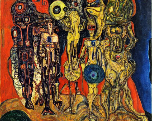 Prompt: a painting of a aliens and robots by graham sutherland, egon schiele, gustav klimt, salvador dali, edvard munch, expressionism