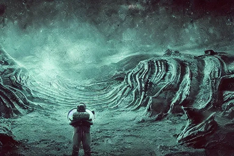 Prompt: Alien landscape, cosmic horror, a glitch in the Matrix, 1920s, fear.