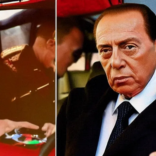 Prompt: Silvio Berlusconi Is a gangsta rapper, doing lines on the helicopter and landing at the Piper Disco, with rolex, bling bling and a bandana, and the whole police his guarding his back