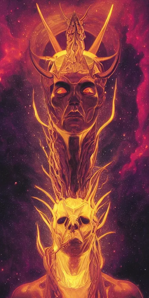 Prompt: intense glowing egyptian god with horns and intense black eyes with a skull on fire in very dark cosmic nebula by artgerm and beksinski and alphonse mucha, portrait, fantasy, clear, light beams, lens flare, intense, uhd, amazing depth, cinematic lighting, black and purple and shining gold