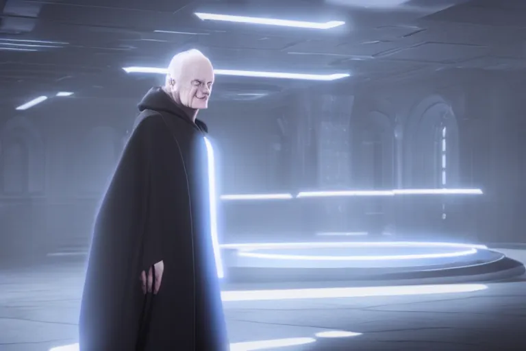 Image similar to a cinematic still of Ian McDiarmid as palpatine, wearing sith hood, ((octane render, nvidia raytracing demo)), masterpiece