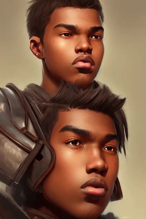 Image similar to young teenager boy with straight short brown hair, dark skin, big lips. highly detailed, d & d, fantasy, highly detailed, digital painting, trending on artstation, concept art, sharp focus, illustration, art by artgerm and greg rutkowski and fuji choko and viktoria gavrilenko and hoang lap