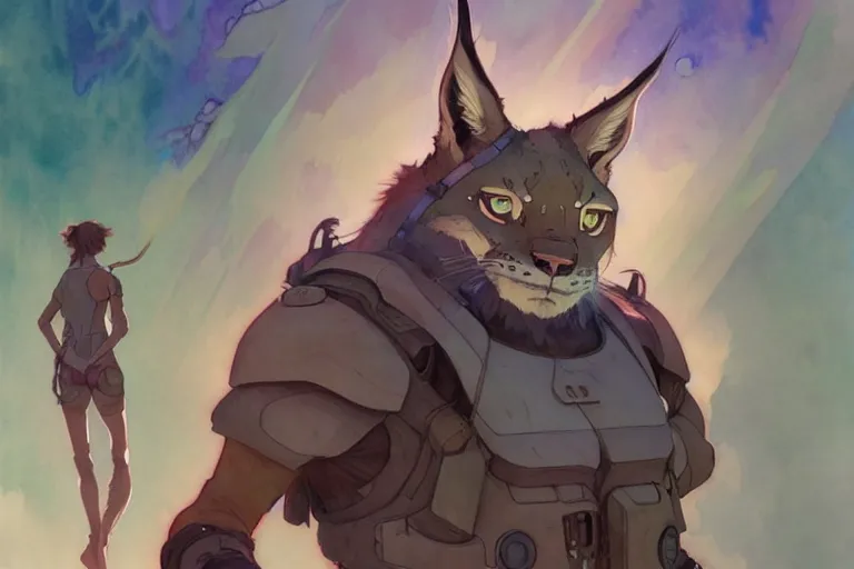 Prompt: character concept art, science fiction, massive lynx - headed gigachad masculine adventurer, studio ghibli, pixar and disney animation, sharp, disney concept art watercolor illustration by mandy jurgens and alphonse mucha and alena aenami, pastel color palette, dramatic lighting, highly detailed