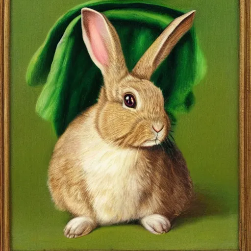 Image similar to a rabbit wearing a green cape, victorian painting