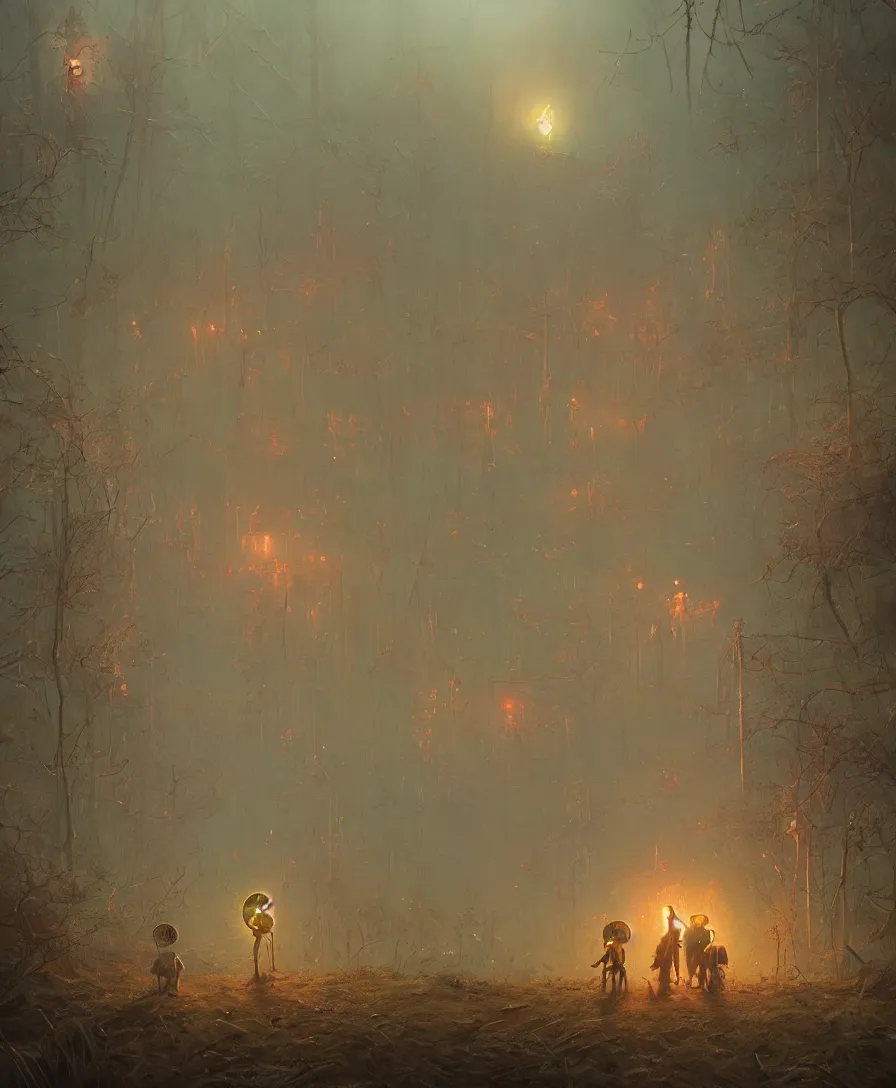 Prompt: afterlife, clowns, illustrated by Simon Stålenhag and Gaston Bussiere, 35mm lens, wide angle, beautiful volumetric lighting style atmosphere, intricate, ultra detailed, photorealistic, trending on artstation 8k