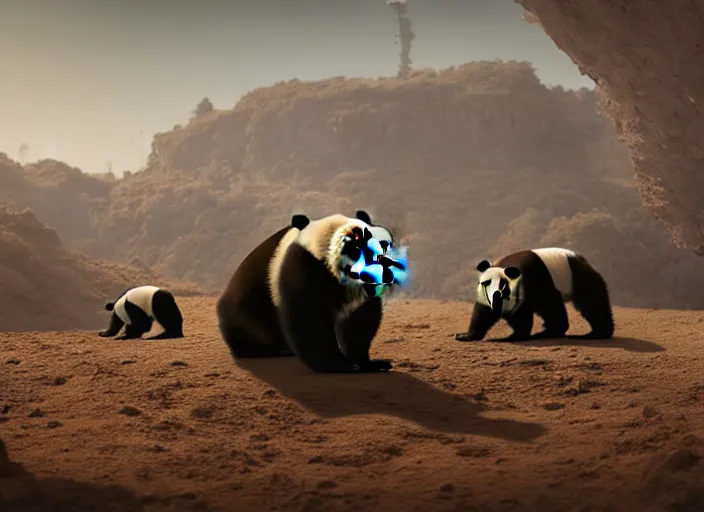 Prompt: film still of a barren wasteland filled with giant robot pandas, by rupam raaj r., trending on artstation, breathtaking, award winning, groundbreaking, octane render, unreal 5, intricate digital art, 8 k high resolution