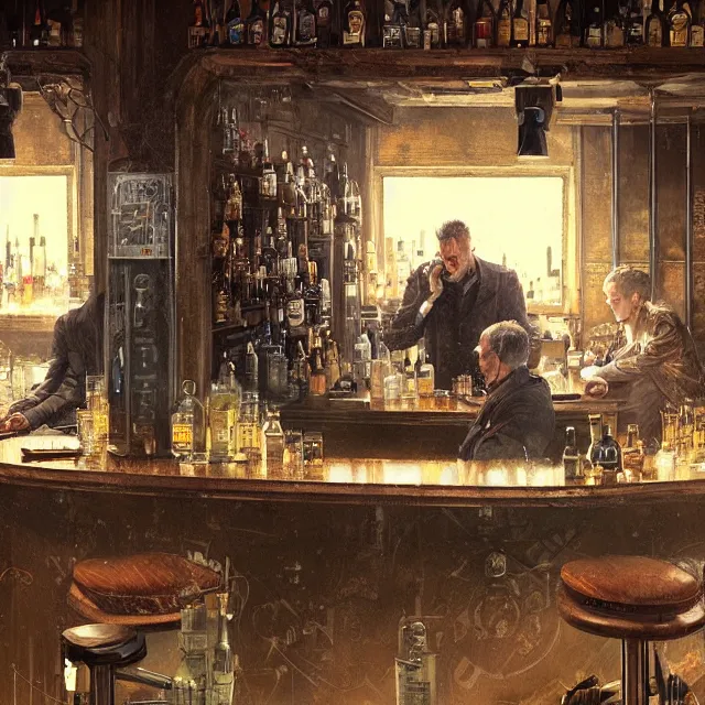 Image similar to two men sitting at a bar drinking whiskey, near future, sci - fi concept art, by greg rutkowski and norman rockwell, highly detailed, intricate details, soft lighting, studio lighting