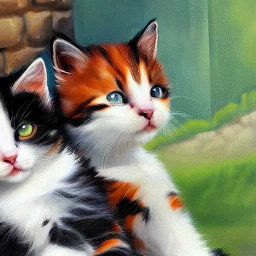 Image similar to close up of two beautiful calico kittens outside on a beautiful day, beautiful painting, featured on artstation, cgsociety, behance hd