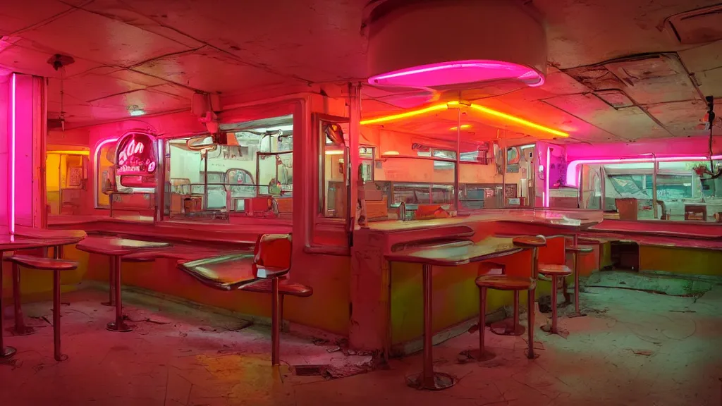 Image similar to the inside of an abandoned 5 0's diner at night, pink and orange neon lights, highly detailed interior, artstation trending, cryenging 8 k uhd
