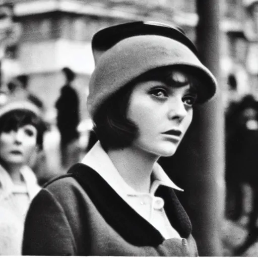 Image similar to still from a masterpiece 1 9 6 0 s french art film, very beautiful and elegant girl in beret with large eyebrows sits in the far background with an angry expression, moody lighting, viewed from afar, cinematic shot, the camera is focused on a crowd of people