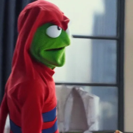 Prompt: Kermit dressed as spiderman.