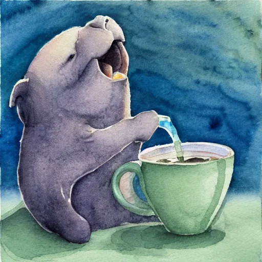 Image similar to cute manatee drinking tea detailed watercolor and colored pencil painting 4 k