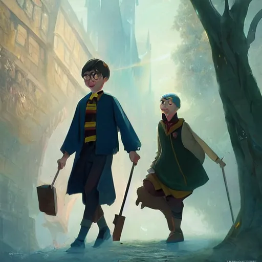 Image similar to a wholesome animation key shot of harry potter students, fantasy, colorful, pixar and disney animation, sharp, very detailed, high resolution, key art by greg rutkowski, bloom, dramatic lighting