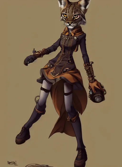 Image similar to wide angle beautiful full body portrait of a strong female anthropomorphic anthro lynx fursona wearing a steampunk dress. character design by disney, anime, manga, charlie bowater, ross tran, artgerm, and makoto shinkai, detailed, soft lighting, rendered in octane