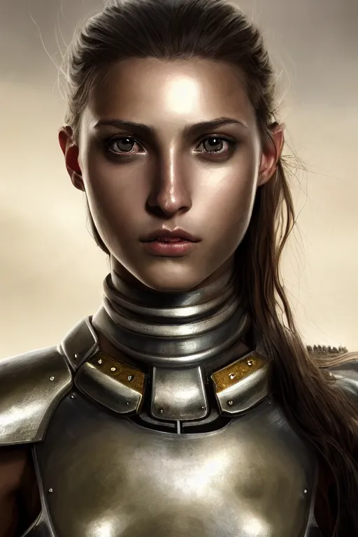 Image similar to a photorealistic painted portrait of an attractive young girl, partially clothed in dull metal-plated battle armor, olive skin, long dark hair, dirty skin, beautiful bone structure, symmetric facial features, perfect photorealistic eyes, natural physique, intricate, elegant, digital painting, concept art, finely detailed, beautifully illustrated, sharp focus, minimal artifacts, from Metal Gear, by Ruan Jia and Mandy Jurgens and Artgerm and William-Adolphe Bouguerea, in the style of Greg Rutkowski, trending on Artstation, award winning