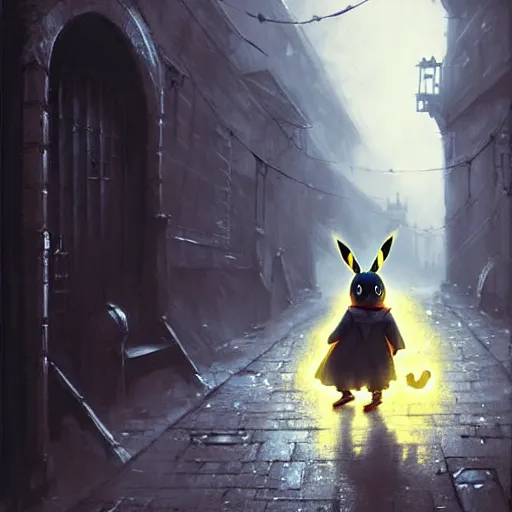 Prompt: pikachu in a back alley, art by greg rutkowski, in the style of bloodborne, intricate, elegant, highly detailed, smooth, sharp focus, artstation