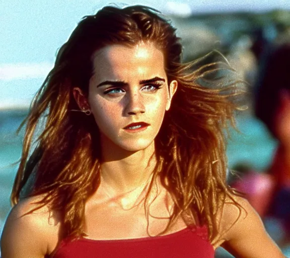 Image similar to color still shot of emma watson on baywatch 1 9 8 9 tv show, running, face closeup,